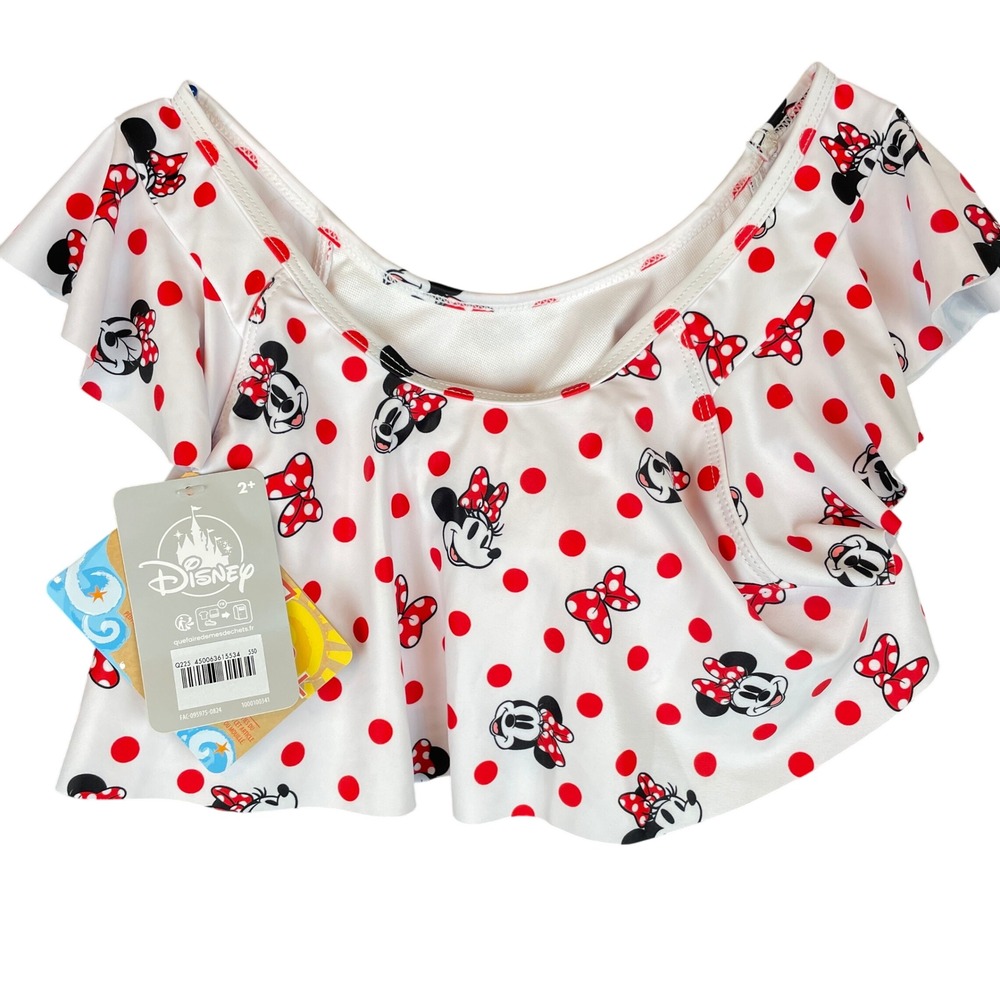 Disney Minnie Mouse Swim Top Kids 2+ UPF 50+ Ruffle Polka Dot White Red